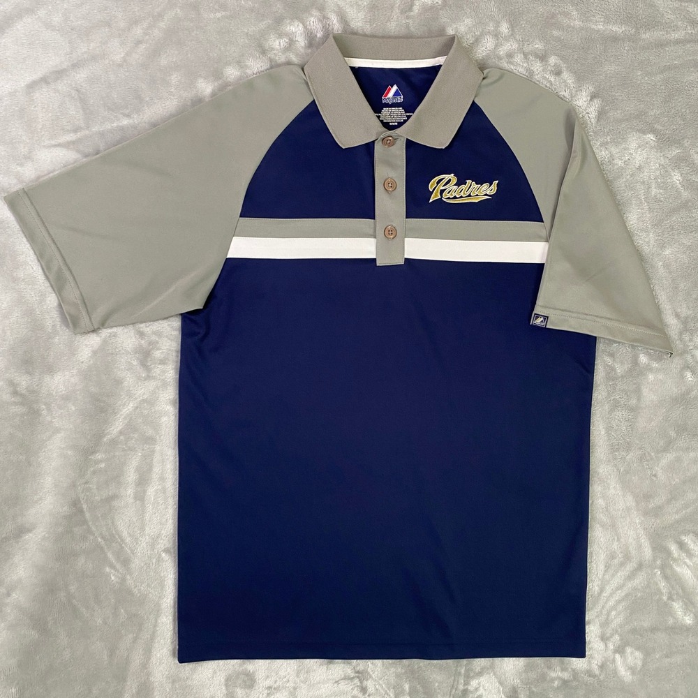 Majestic Polo Shirt Men Medium Navy Blue San Diego Padres MLB MF33 Raglan Sleeve